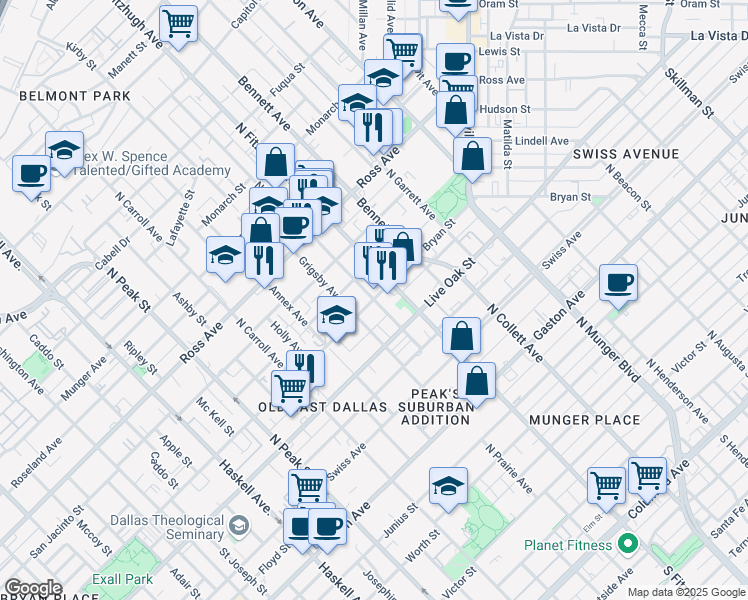 map of restaurants, bars, coffee shops, grocery stores, and more near 4800 Bryan Street in Dallas
