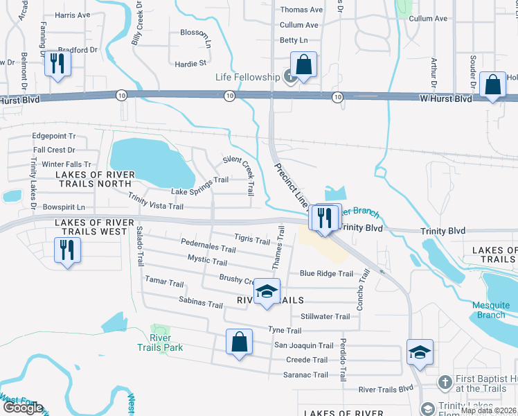 map of restaurants, bars, coffee shops, grocery stores, and more near 9500 Trinity Vista Trail in Hurst