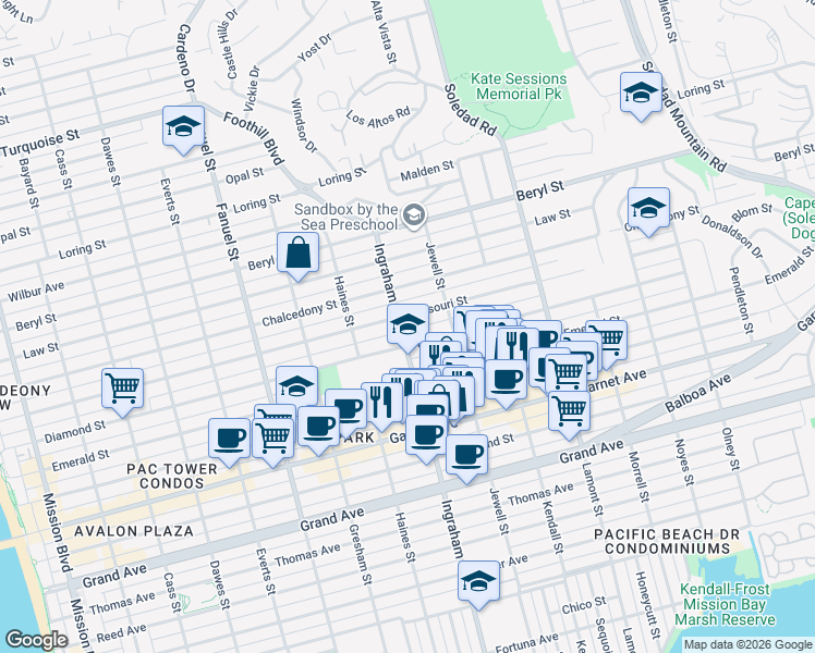 map of restaurants, bars, coffee shops, grocery stores, and more near 4733 Ingraham Street in San Diego