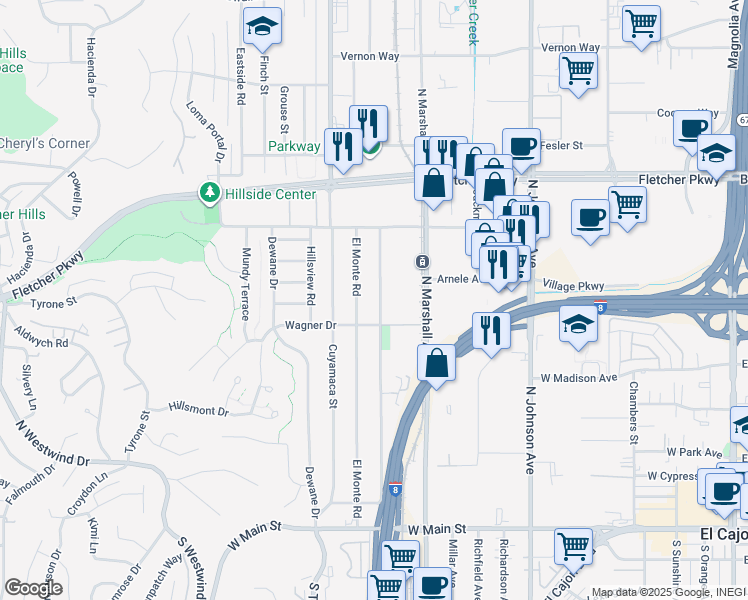 map of restaurants, bars, coffee shops, grocery stores, and more near 657 North Pierce Street in El Cajon
