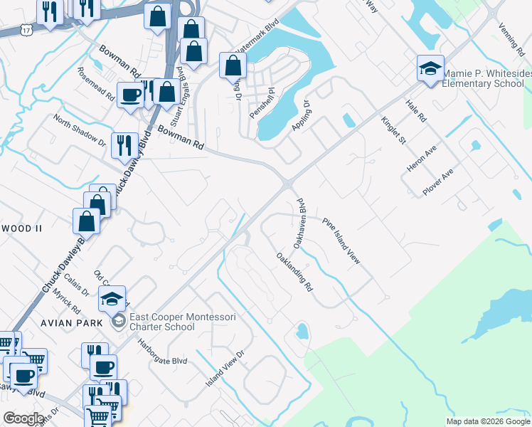 map of restaurants, bars, coffee shops, grocery stores, and more near 1407 Oak Landing Road in Mount Pleasant