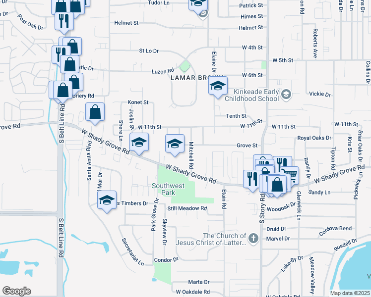 map of restaurants, bars, coffee shops, grocery stores, and more near 2812 Grove Street in Irving