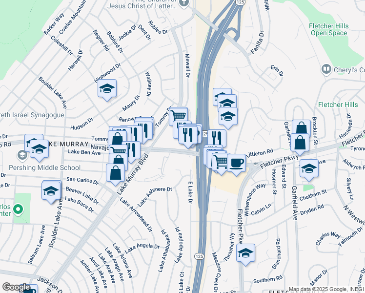map of restaurants, bars, coffee shops, grocery stores, and more near 8856 Navajo Road in San Diego