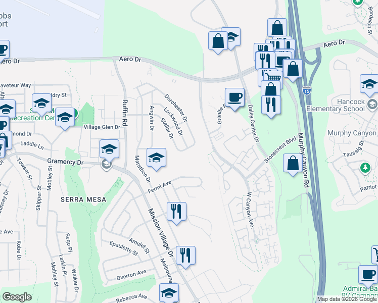 map of restaurants, bars, coffee shops, grocery stores, and more near 9395 Rugby Court in San Diego