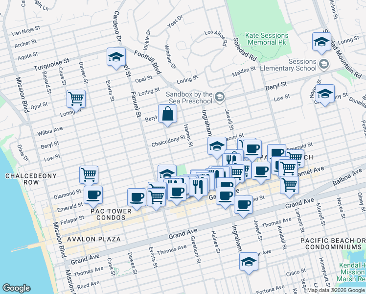 map of restaurants, bars, coffee shops, grocery stores, and more near 850-56 Missouri Street in San Diego