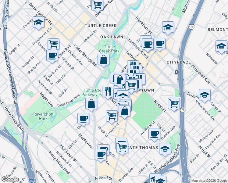map of restaurants, bars, coffee shops, grocery stores, and more near 3060 Carlisle Street in Dallas