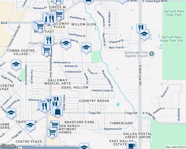 map of restaurants, bars, coffee shops, grocery stores, and more near 432 Covey Lane in Mesquite