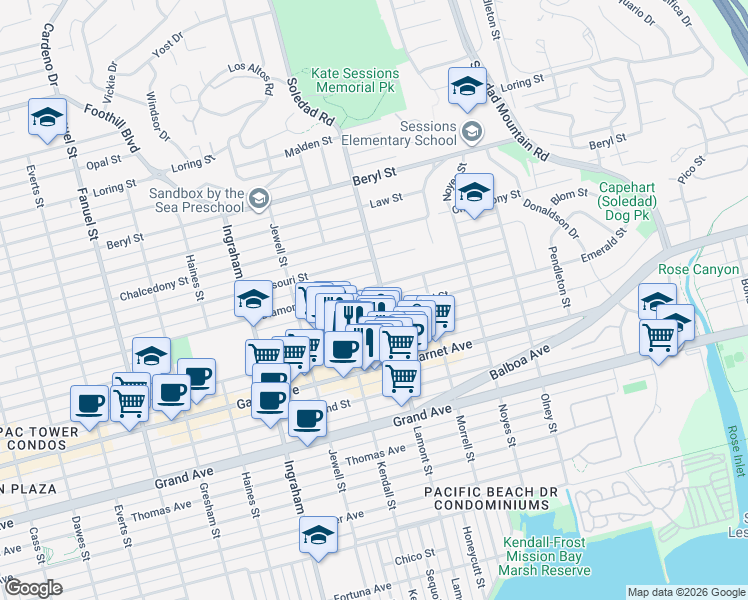 map of restaurants, bars, coffee shops, grocery stores, and more near 1801 Diamond Street in San Diego
