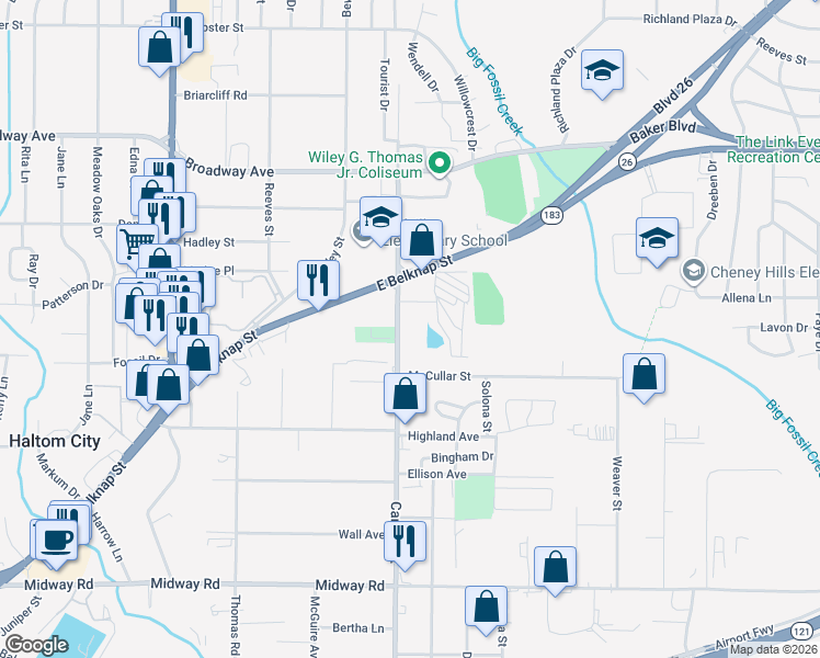 map of restaurants, bars, coffee shops, grocery stores, and more near 2908 Carson Street in Haltom City