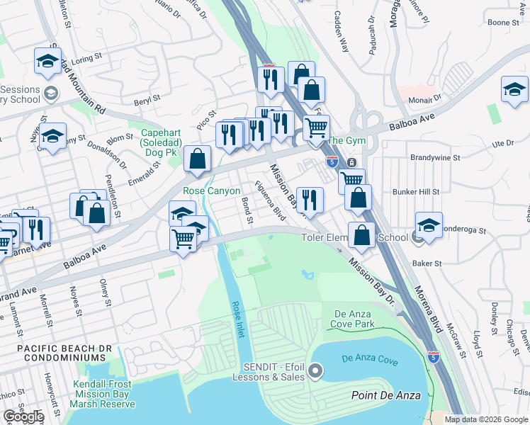 map of restaurants, bars, coffee shops, grocery stores, and more near 2741 Hornblend Street in San Diego