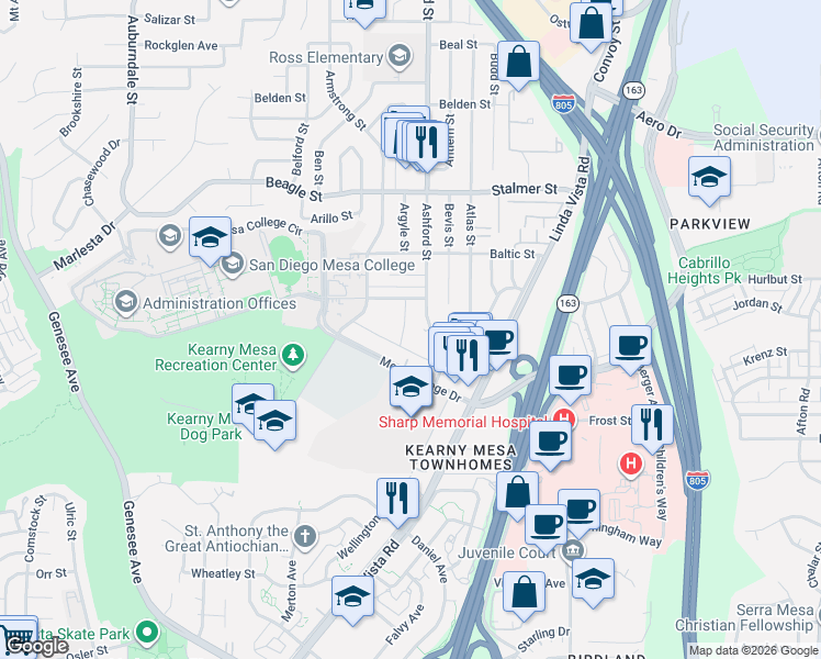 map of restaurants, bars, coffee shops, grocery stores, and more near 3282 Ashford Street in San Diego