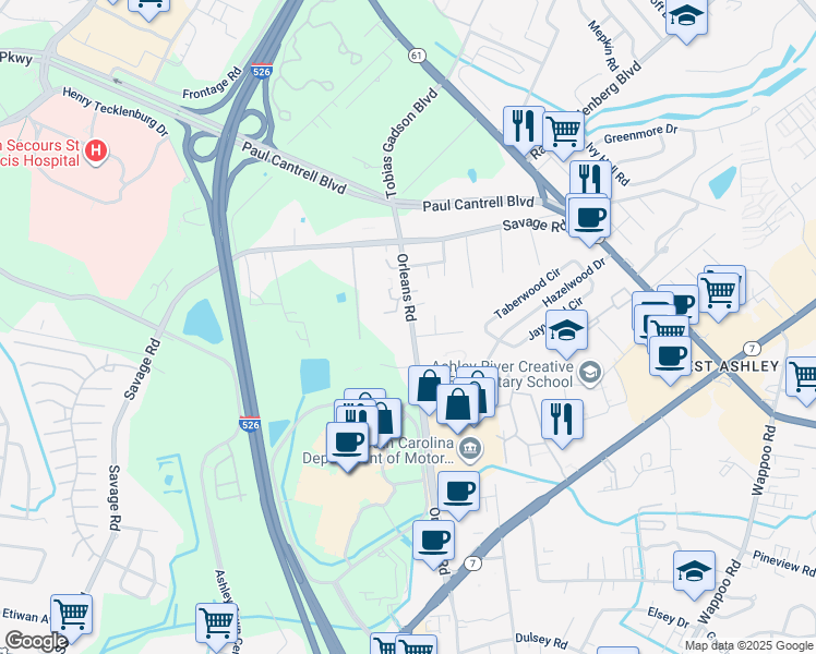 map of restaurants, bars, coffee shops, grocery stores, and more near 1357 Orleans Road in Charleston