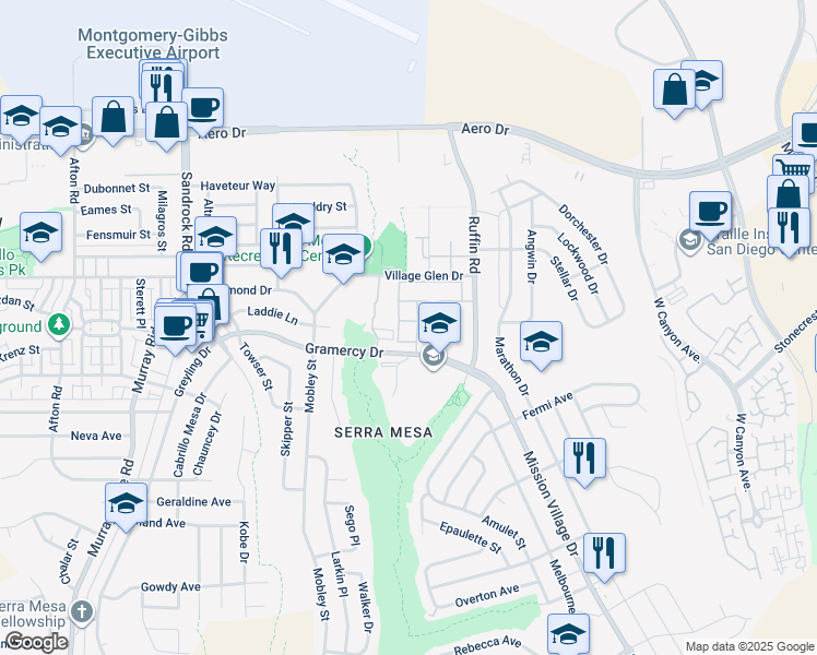 map of restaurants, bars, coffee shops, grocery stores, and more near 9150 Gramercy Drive in San Diego