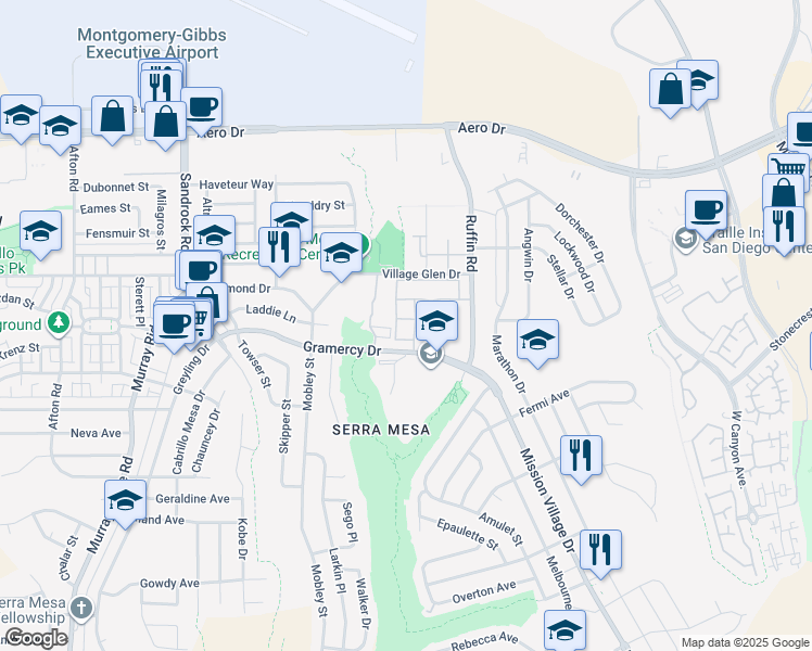 map of restaurants, bars, coffee shops, grocery stores, and more near 9072 Gramercy Drive in San Diego