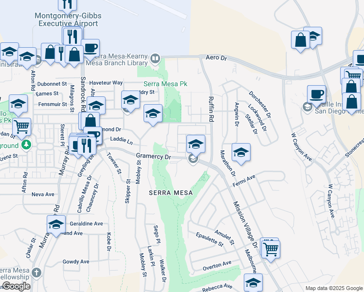 map of restaurants, bars, coffee shops, grocery stores, and more near 9150 Gramercy Drive in San Diego