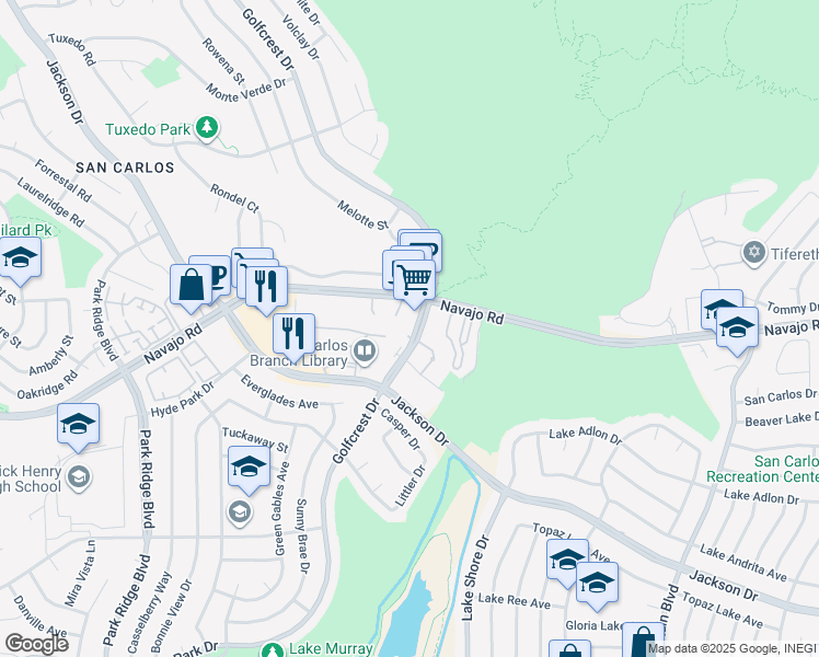 map of restaurants, bars, coffee shops, grocery stores, and more near 6960 Golfcrest Drive in San Diego