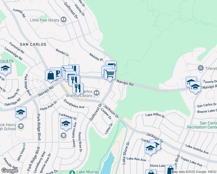 map of restaurants, bars, coffee shops, grocery stores, and more near 6960 Golfcrest Drive in San Diego