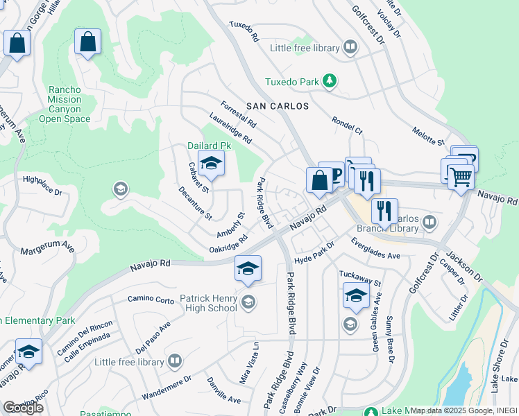 map of restaurants, bars, coffee shops, grocery stores, and more near 7428 Park Ridge Boulevard in San Diego
