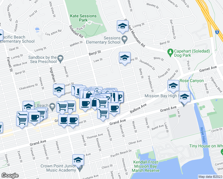map of restaurants, bars, coffee shops, grocery stores, and more near Emerald St & Morrell St in San Diego