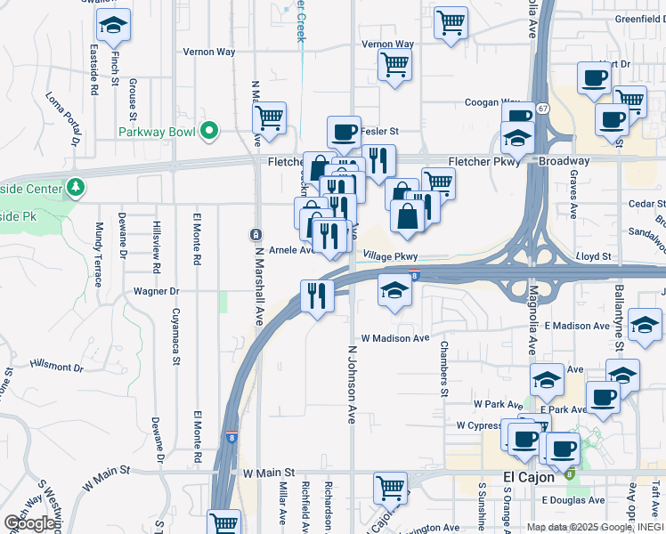 map of restaurants, bars, coffee shops, grocery stores, and more near 721 Arnele Avenue in El Cajon