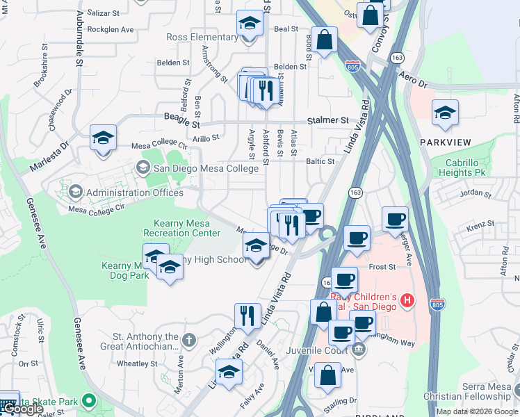 map of restaurants, bars, coffee shops, grocery stores, and more near 3282 Ashford Street in San Diego