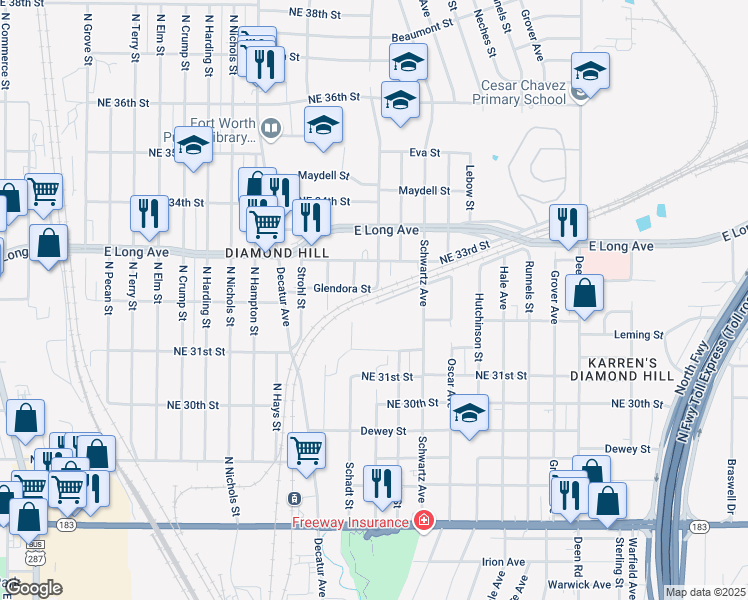 map of restaurants, bars, coffee shops, grocery stores, and more near 1900 Diamond Road in Fort Worth