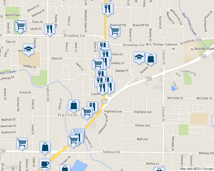map of restaurants, bars, coffee shops, grocery stores, and more near 2820 Denton Highway in Haltom City