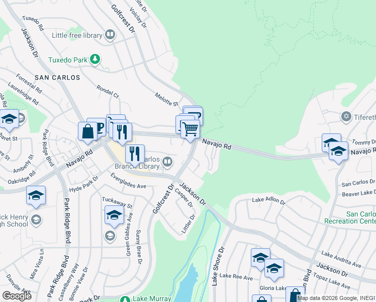 map of restaurants, bars, coffee shops, grocery stores, and more near 6960 Golfcrest Drive in San Diego