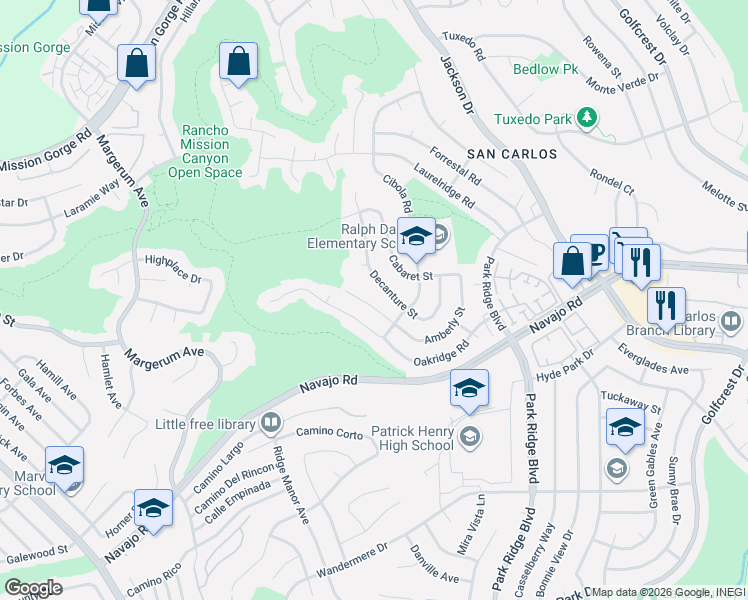 map of restaurants, bars, coffee shops, grocery stores, and more near 6411 Decanture Street in San Diego