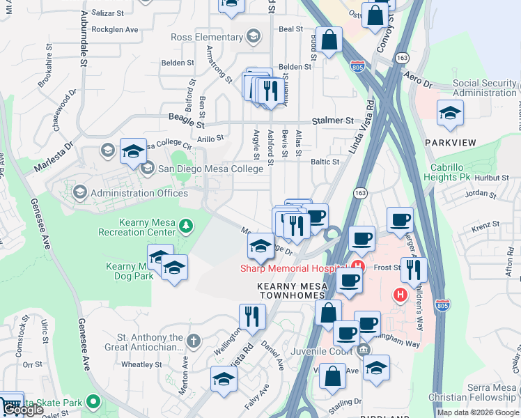map of restaurants, bars, coffee shops, grocery stores, and more near 3282 Ashford Street in San Diego