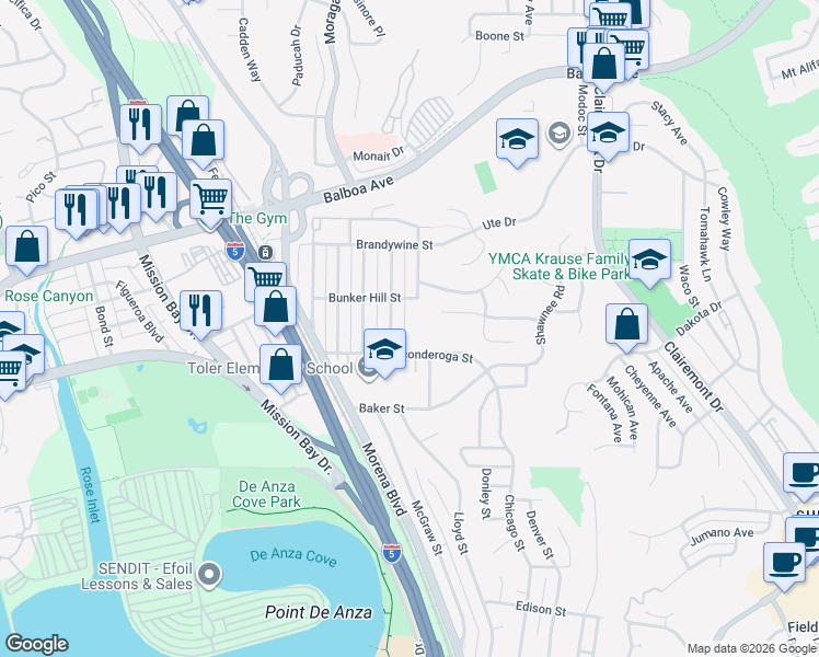 map of restaurants, bars, coffee shops, grocery stores, and more near 3550 Trenton Avenue in San Diego