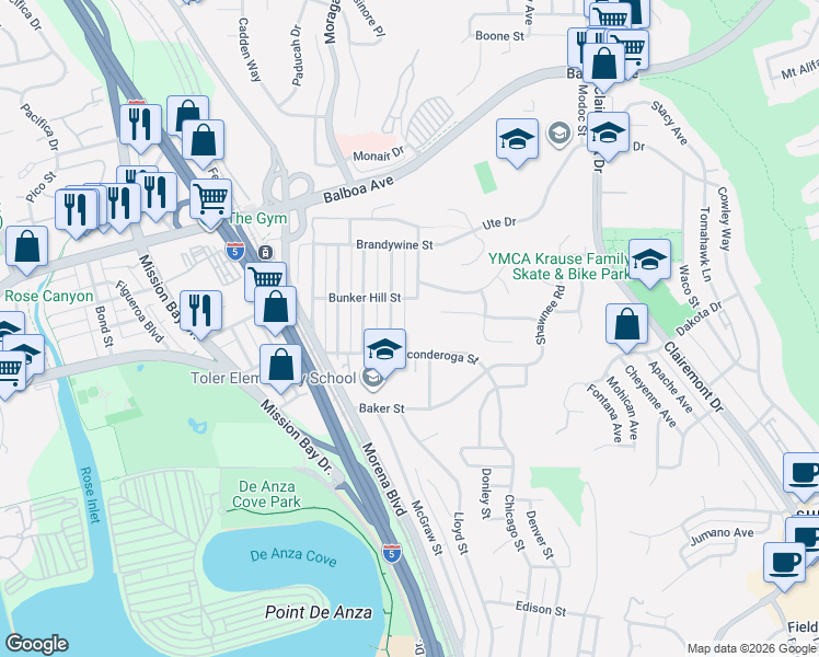 map of restaurants, bars, coffee shops, grocery stores, and more near 3550 Trenton Avenue in San Diego
