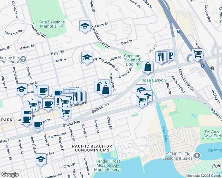 map of restaurants, bars, coffee shops, grocery stores, and more near 2303 Felspar Street in San Diego
