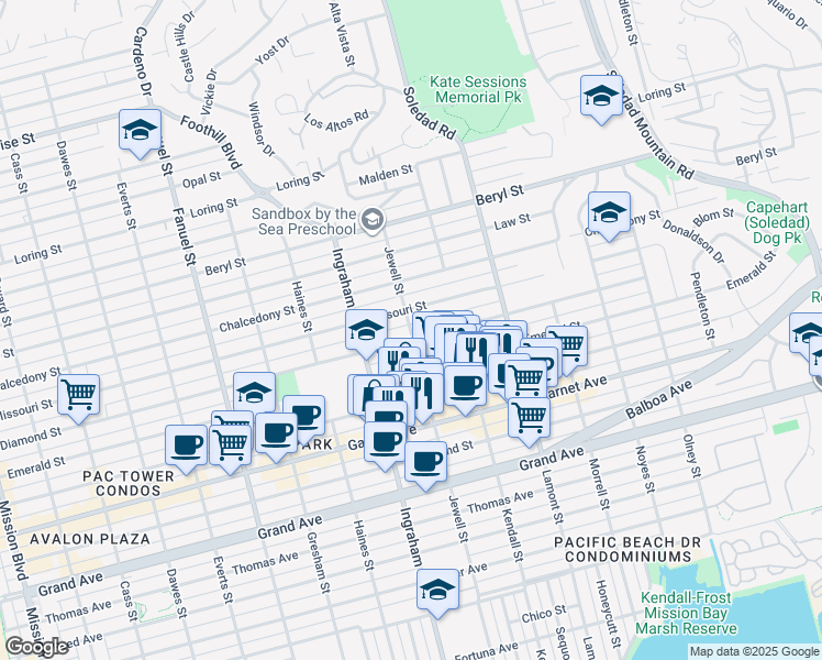map of restaurants, bars, coffee shops, grocery stores, and more near 4730 Jewell Street in San Diego