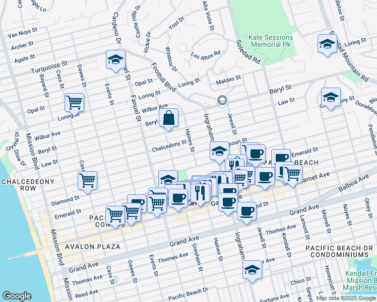 map of restaurants, bars, coffee shops, grocery stores, and more near 1463 Chalcedony Street in San Diego