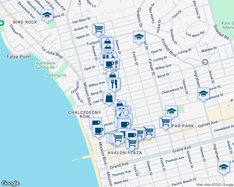 map of restaurants, bars, coffee shops, grocery stores, and more near in San Diego