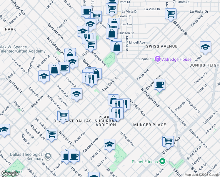 map of restaurants, bars, coffee shops, grocery stores, and more near 4936 Live Oak Street in Dallas