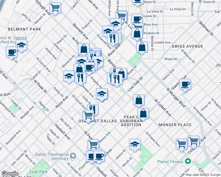map of restaurants, bars, coffee shops, grocery stores, and more near 4823 Bryan Street in Dallas