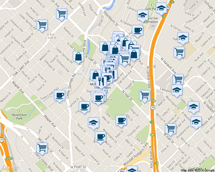 map of restaurants, bars, coffee shops, grocery stores, and more near 3232 McKinney Avenue in Dallas