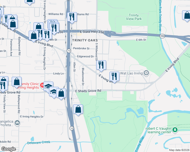 map of restaurants, bars, coffee shops, grocery stores, and more near 2000 East Irving Boulevard in Irving