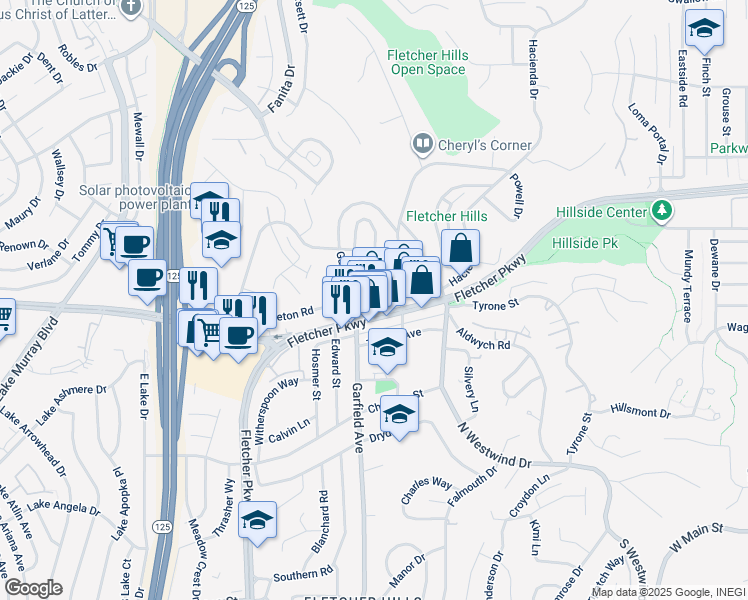 map of restaurants, bars, coffee shops, grocery stores, and more near 2375 Needham Road in El Cajon