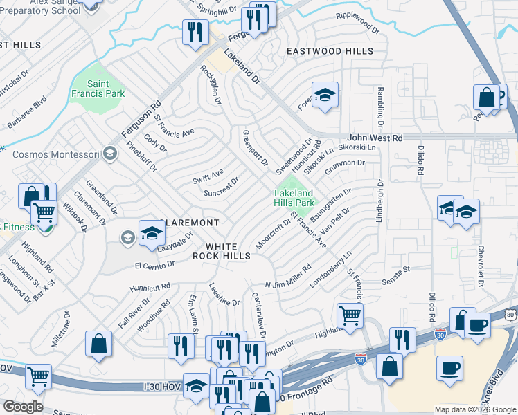 map of restaurants, bars, coffee shops, grocery stores, and more near 8442 Hunnicut Road in Dallas