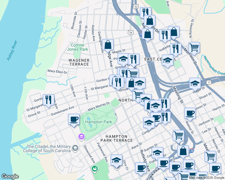 map of restaurants, bars, coffee shops, grocery stores, and more near 5 Saint Margaret Street in Charleston
