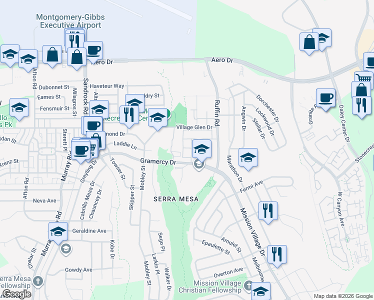 map of restaurants, bars, coffee shops, grocery stores, and more near 9072 Gramercy Drive in San Diego