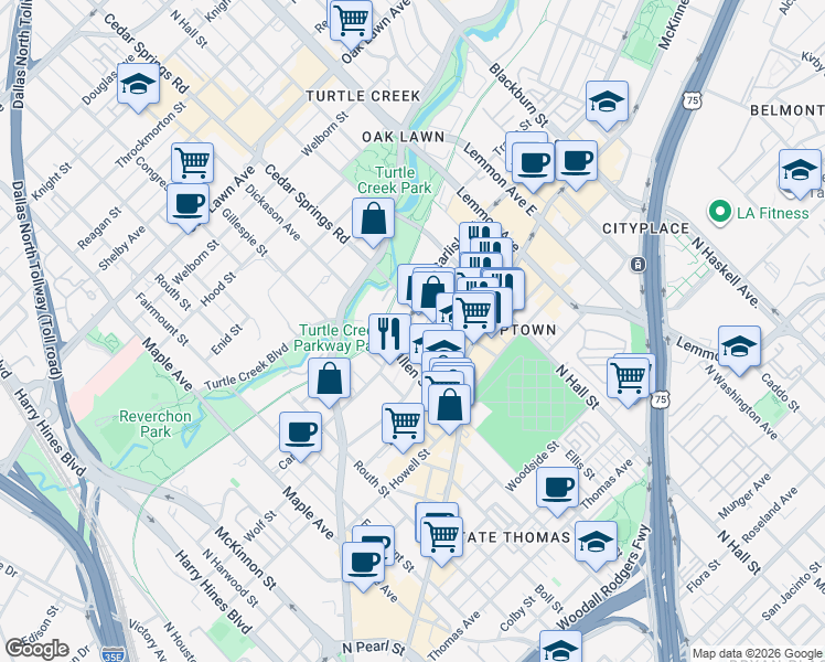 map of restaurants, bars, coffee shops, grocery stores, and more near 3100 Carlisle Street in Dallas