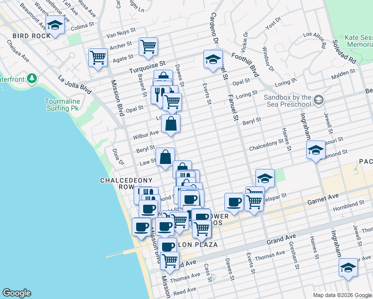 map of restaurants, bars, coffee shops, grocery stores, and more near in San Diego
