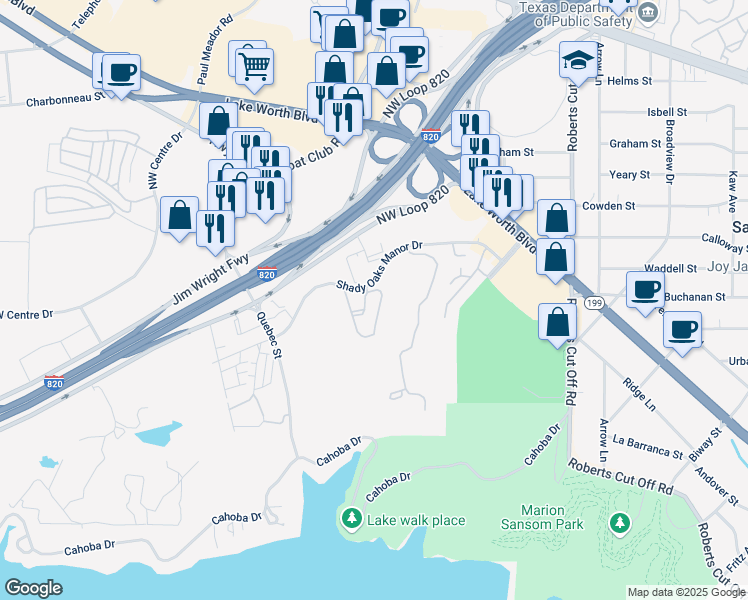 map of restaurants, bars, coffee shops, grocery stores, and more near 2936 Observation Drive in Fort Worth