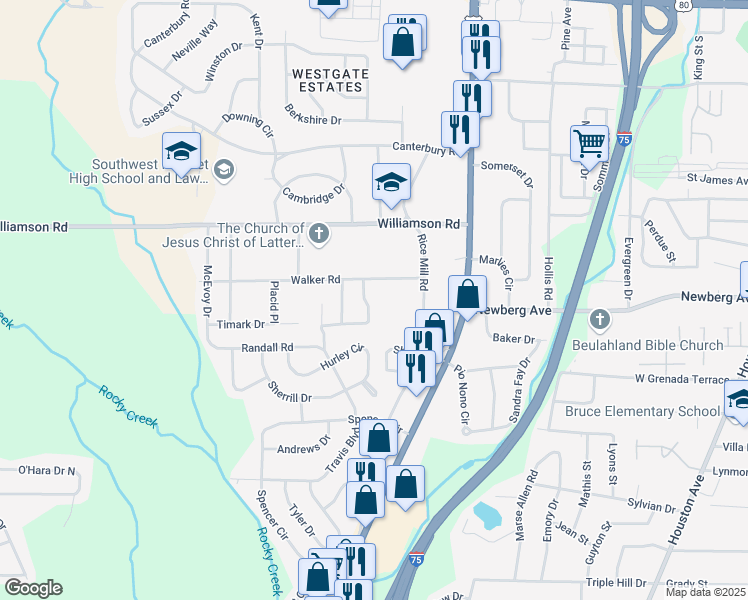 map of restaurants, bars, coffee shops, grocery stores, and more near 3340 Tamplin Terrace in Macon