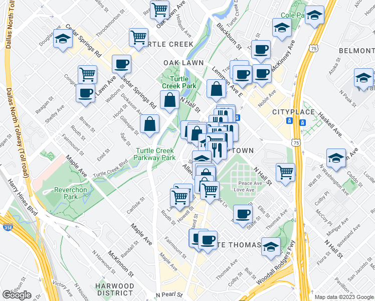 map of restaurants, bars, coffee shops, grocery stores, and more near 3100 Carlisle Street in Dallas