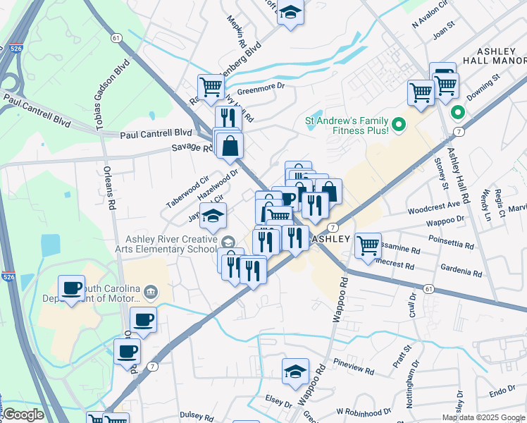 map of restaurants, bars, coffee shops, grocery stores, and more near 1812 Wallace School Road in Charleston